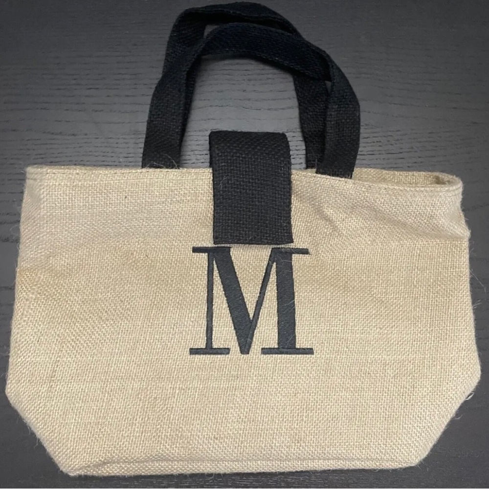 Jute Handbag/Purse with Embroidered M, Natural Burlap Color with Black Handles